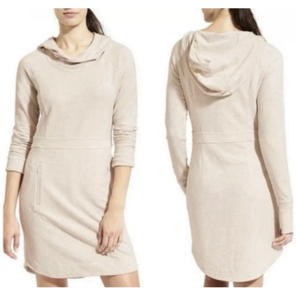 Athleta Power Down Active Hooded Yoga Dress Oatmeal Heather Beige Thumbhole XS